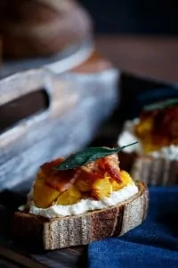Acorn Squash Crostini with Ricotta, Bacon, and Fried Sage