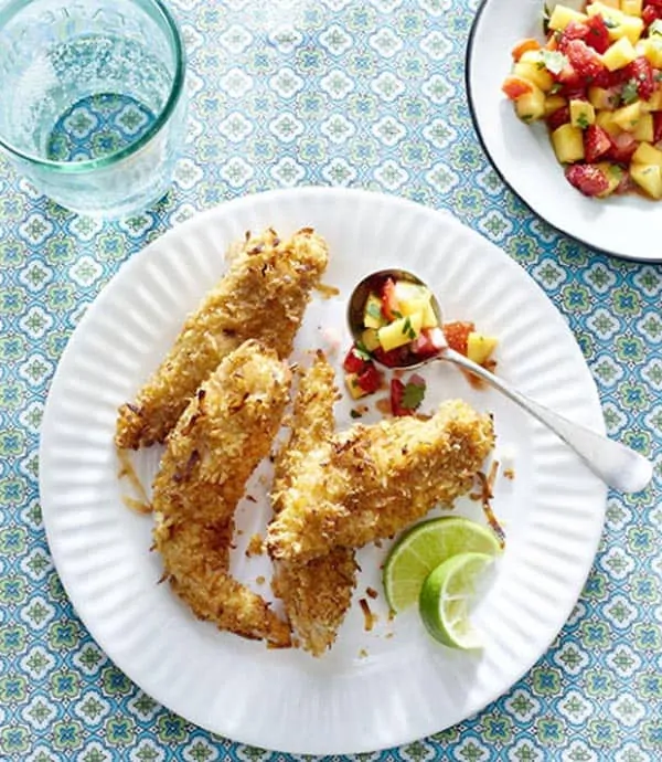 Baked Coconut Tenders with Strawberry-Mango Salsa