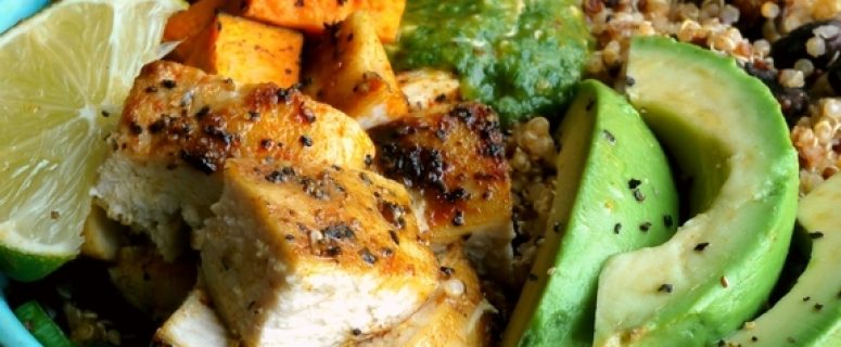 Chicken Sweet Potato and Quinoa Bowlswith Tomatillo Drizzle