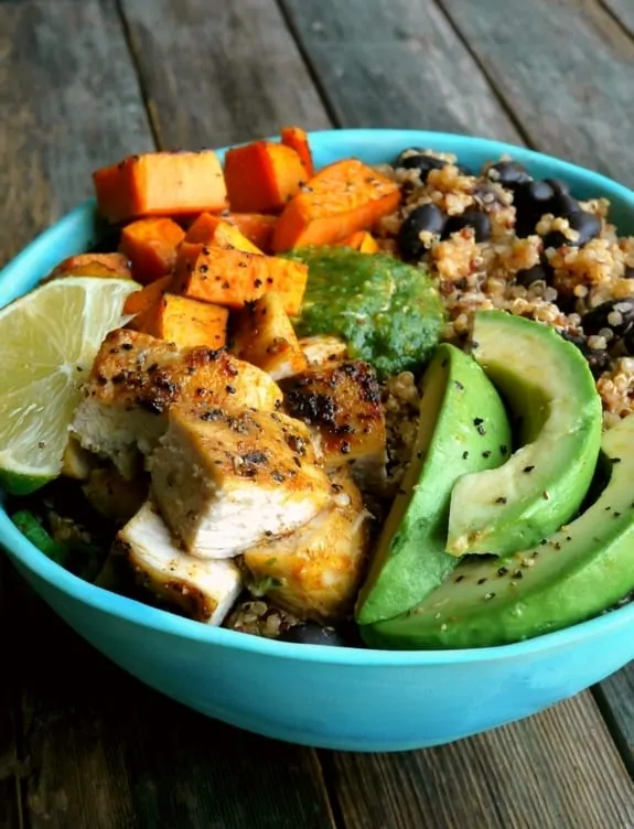 Chicken Sweet Potato and Quinoa Bowlswith Tomatillo Drizzle