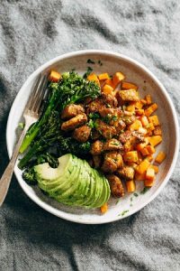 Healthy Chicken with Sweet Potato and Sliced Avocado